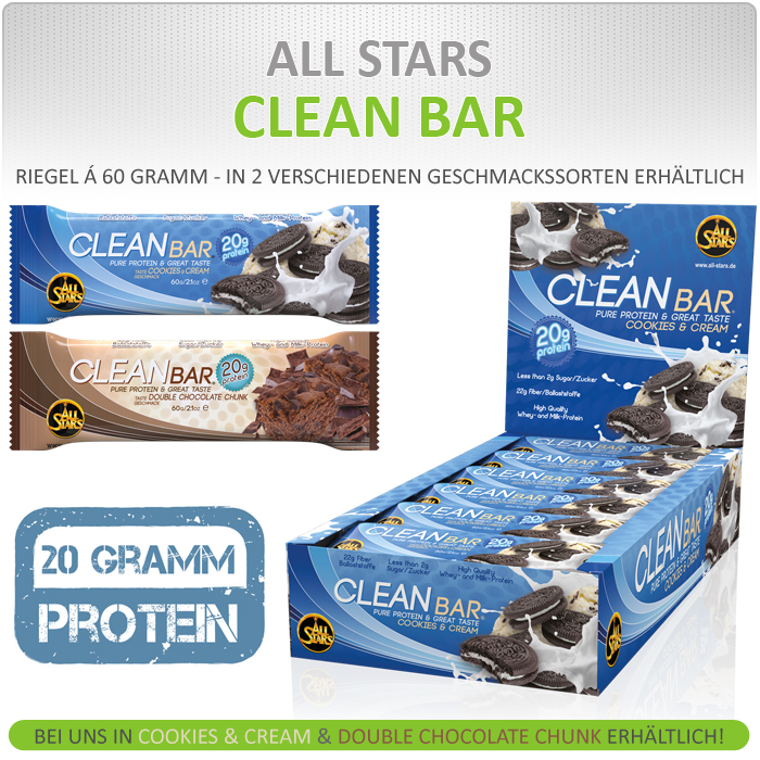 All Stars Clean Bar in 2 leckeren Geschmackssorten bei Pharmasports All Stars Clean Bar in 2 leckeren Geschmackssorten bei Pharmasports
